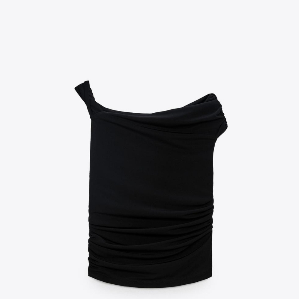 Zara Ruched Aysmmetrical Elegant Black Draped Top